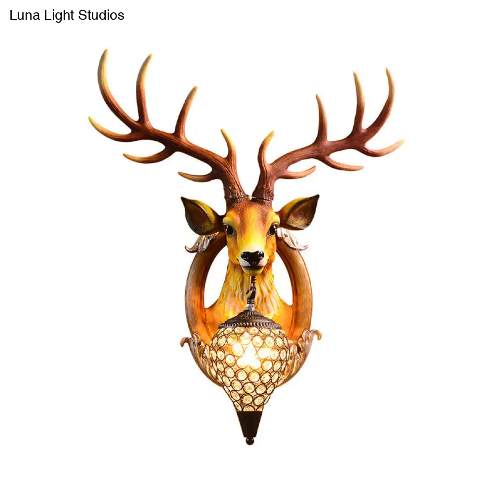 Clear Beveled Crystal Sconce With Rural White/Brown/Black Finish And Faux Elk Backplate - Bedroom