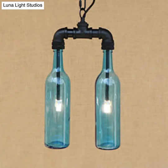 Clear/Blue Glass Pendant Light With Industrial Style Design - Pipe Fixture In Black/Aged Brass 2/4/6