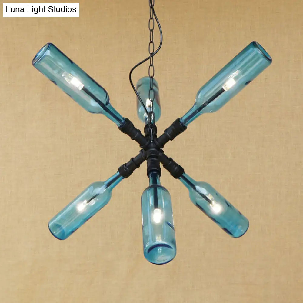 Clear/Blue Glass Pendant Light With Industrial Style Design - Pipe Fixture In Black/Aged Brass 2/4/6