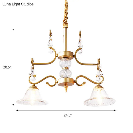 Clear Crystal Chandelier Light Fixture - Modern Bell Shade Hanging Lamp In Gold 2 Bulbs For Dining