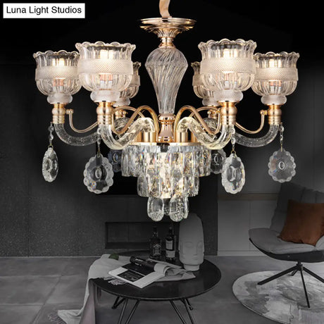Clear Crystal Chandelier Lighting Fixture - 7-Bulb Rural Gold Scalloped Bowl Pendant For Dining Room