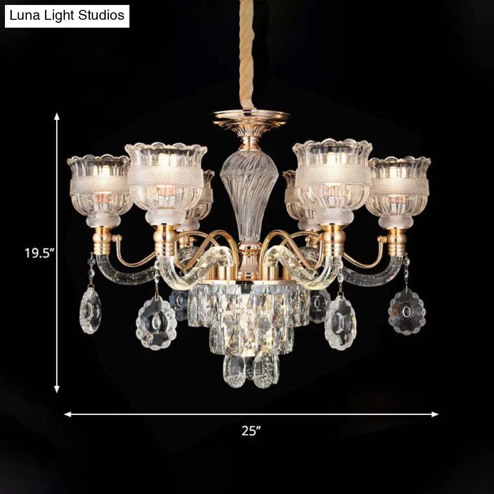 Clear Crystal Chandelier Lighting Fixture - 7-Bulb Rural Gold Scalloped Bowl Pendant For Dining Room
