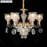 Clear Crystal Chandelier Lighting Fixture - 7-Bulb Rural Gold Scalloped Bowl Pendant For Dining Room