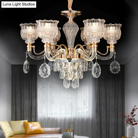Clear Crystal Chandelier Lighting Fixture - 7-Bulb Rural Gold Scalloped Bowl Pendant For Dining Room