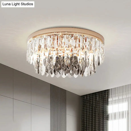 Clear Crystal Drum Flush Light - Contemporary Hotel Ceiling Fixture (3/4 - Light 11’/16’ Width)