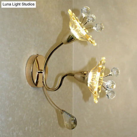 Clear Crystal Glass Gold Wall Lamp With Daisy Shade - Traditional Sconce Light For Bedside 2 Bulbs