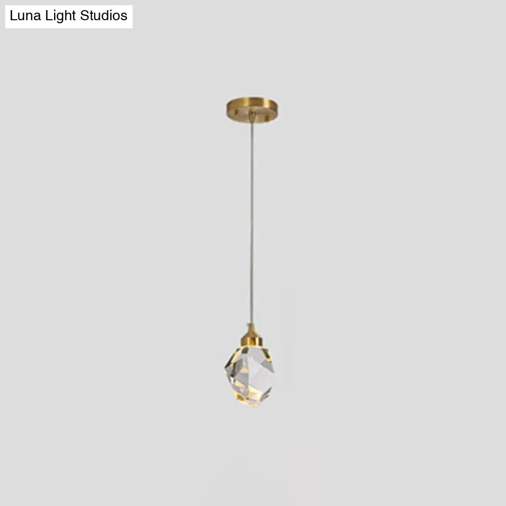 Led Crystal Stone Pendant Light - Simple Single-Light Clear Lamp For Dining Room / Brass-Plated