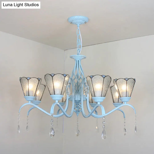 Clear Crystal Tiffany Stained Glass Cone Chandelier With 8 Hanging Lights In Blue/White/Clear