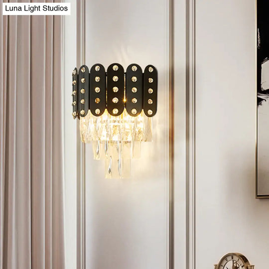 Clear Faceted Crystal Wall Lighting: 3-Light 3-Tier Mounted. Contemporary Design In Black.