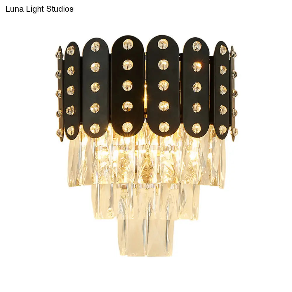 Clear Faceted Crystal Wall Lighting: 3-Light 3-Tier Mounted. Contemporary Design In Black.