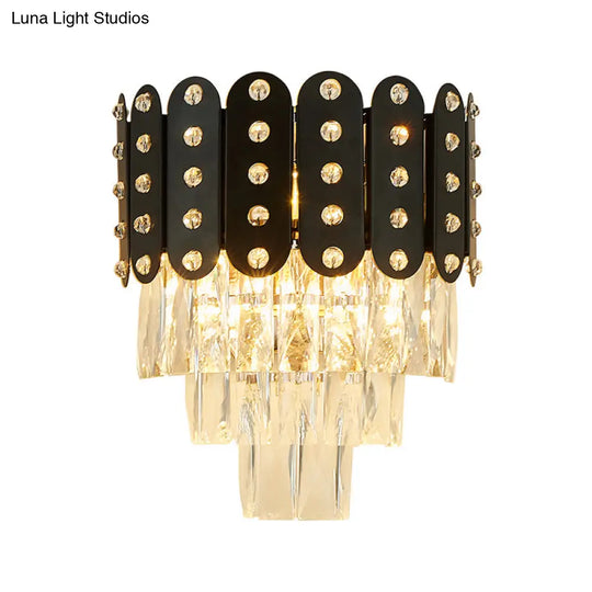 Clear Faceted Crystal Wall Lighting: 3-Light 3-Tier Mounted. Contemporary Design In Black.