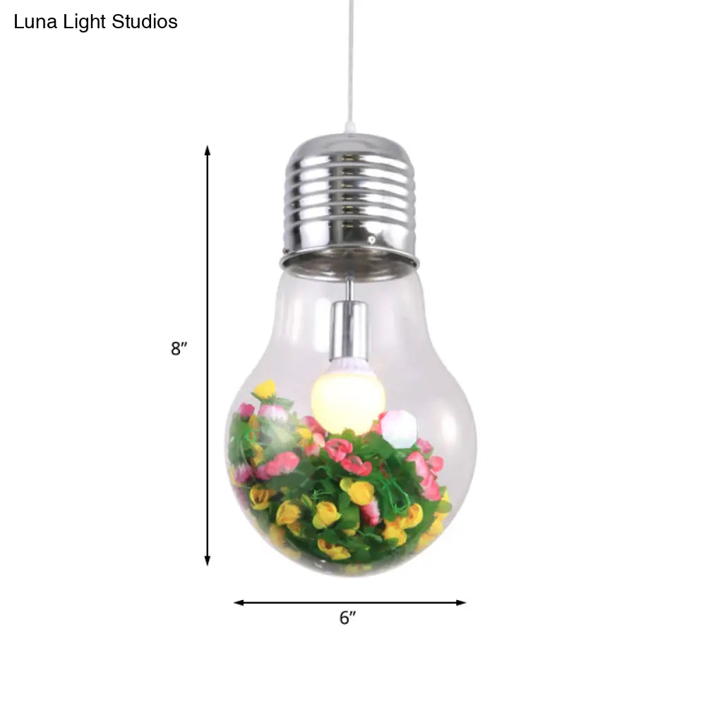Clear Glass Bulb Pendant Lamp - Industrial Style 1-Light Hanging Light With Artificial Flower