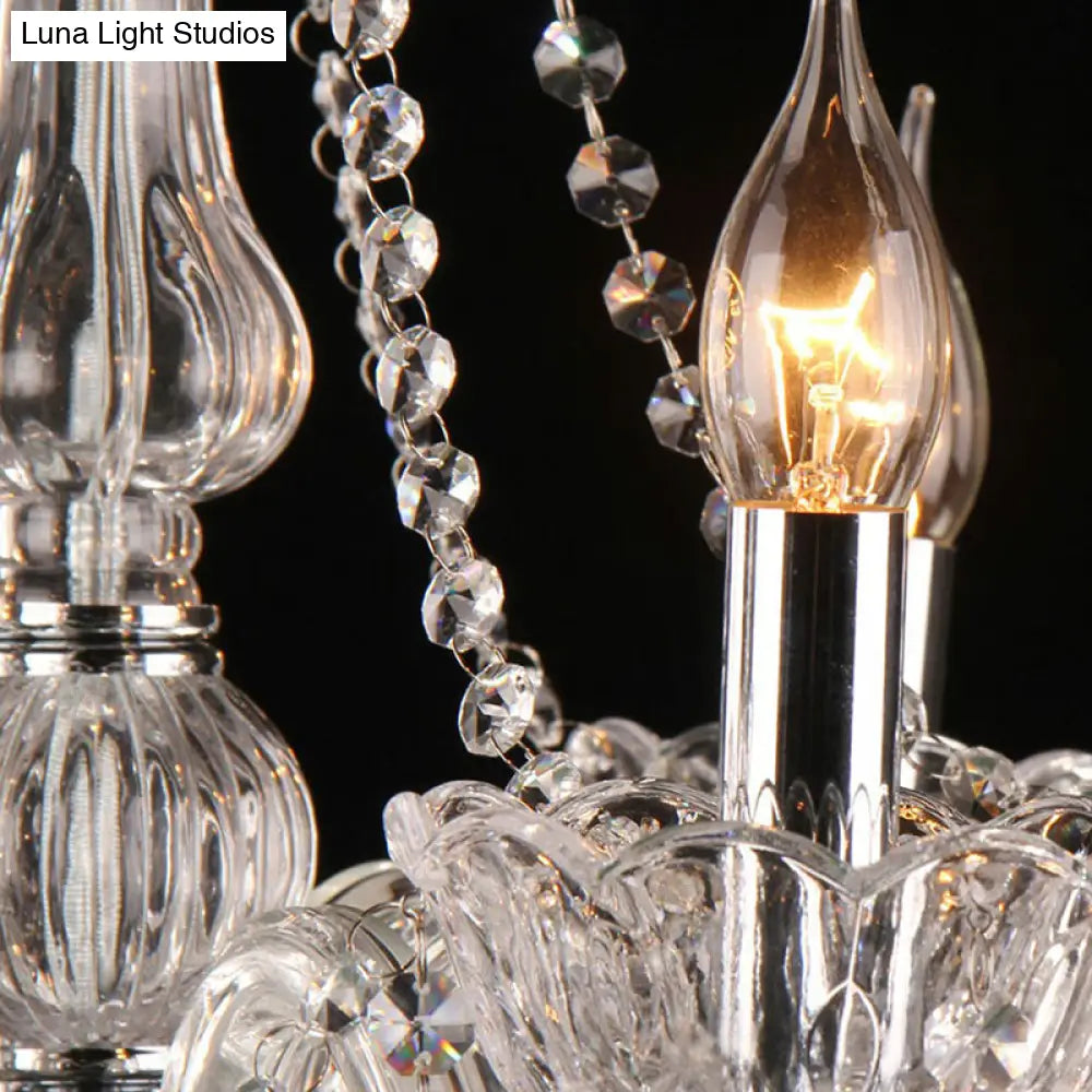 Clear Glass Candle Chandelier With Crystal Strand - Victorian Style