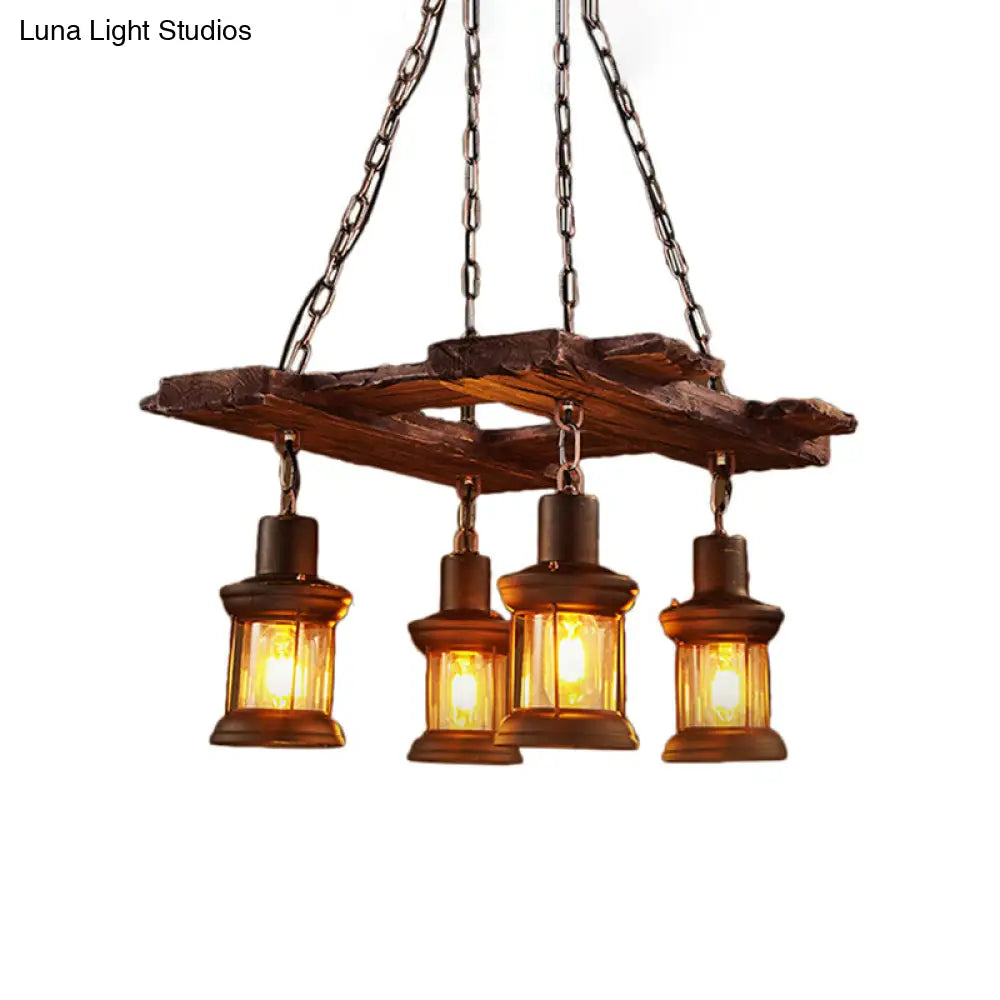 Rustic Industrial 4-Light Kerosene Chandelier Pendant For Coffee Shops - Clear Glass Chain-Linked