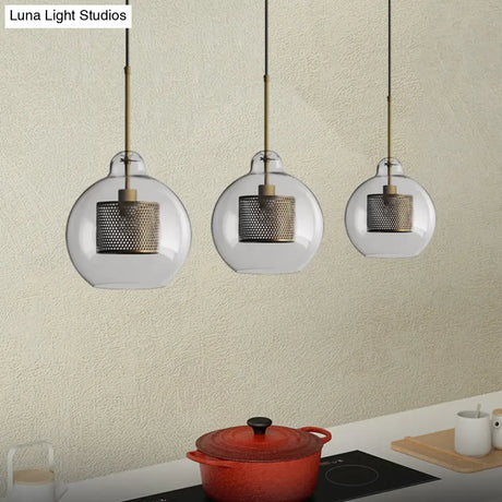 Clear Glass Globe Pendant Colonial 1 Head Restaurant Down Lighting - Bronze/Silver Gray With Metal
