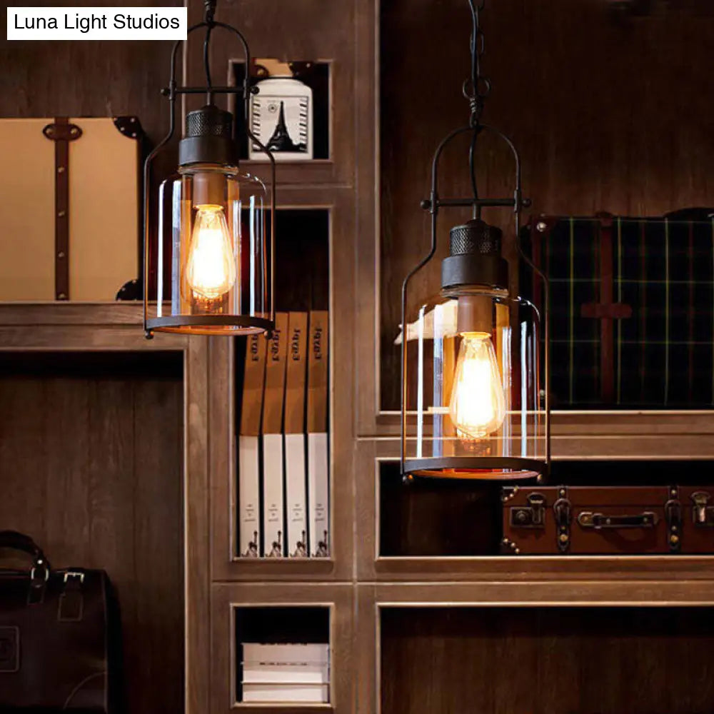 Clear Glass Hanging Pendant Light With Metal Frame - Stylish 1-Bulb Warehouse Style Ceiling Fixture