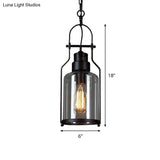 Clear Glass Hanging Pendant Light - Warehouse Style Black Cylinder Design With Metal Frame