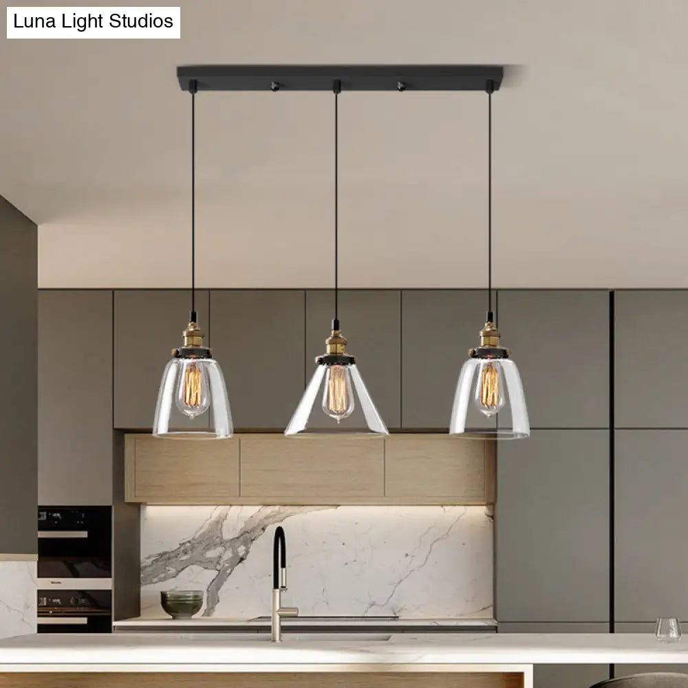 Clear Glass Industrial Shaded Multi-Light Pendant: 3-Bulb Hanging Lighting For Dining Room