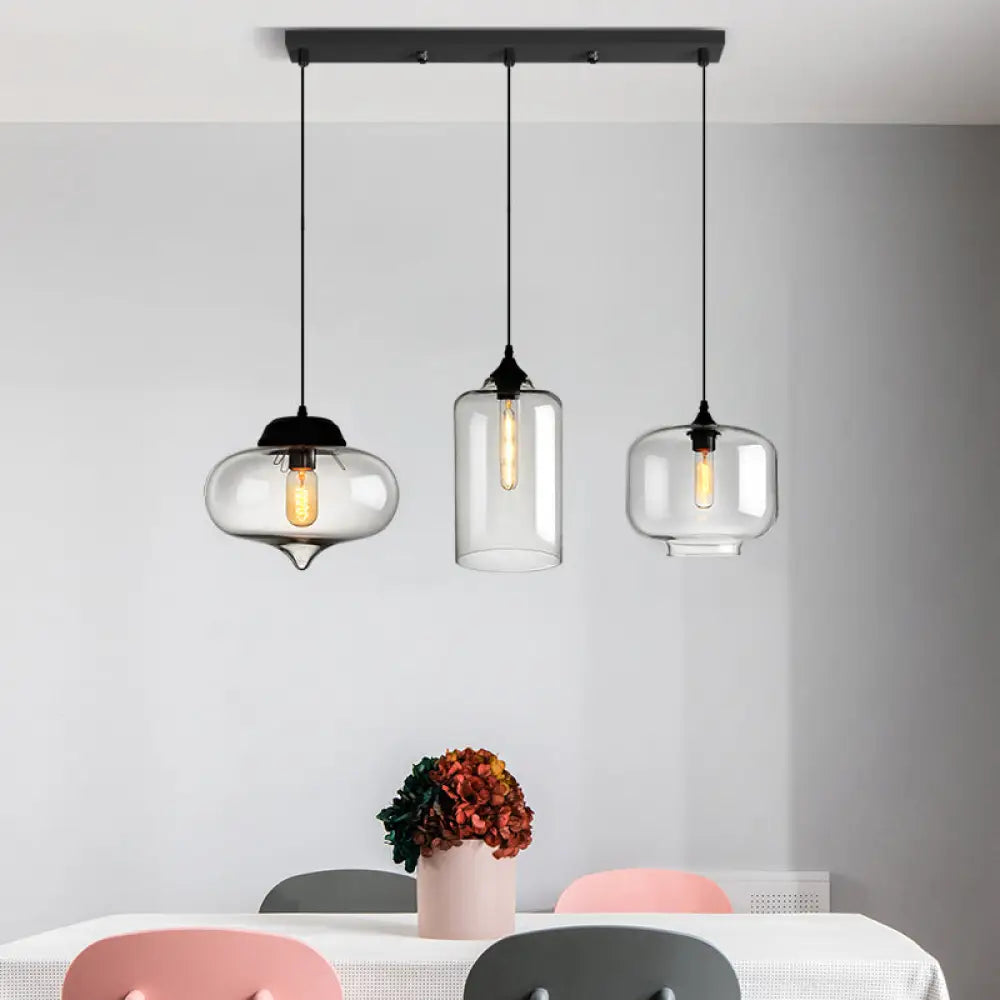 Clear Glass Industrial Shaded Multi-Light Pendant: 3-Bulb Hanging Lighting For Dining Room / O