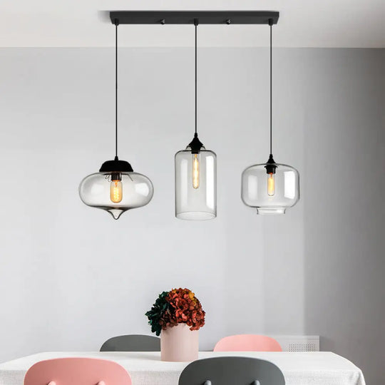 Clear Glass Industrial Shaded Multi-Light Pendant: 3-Bulb Hanging Lighting For Dining Room / O