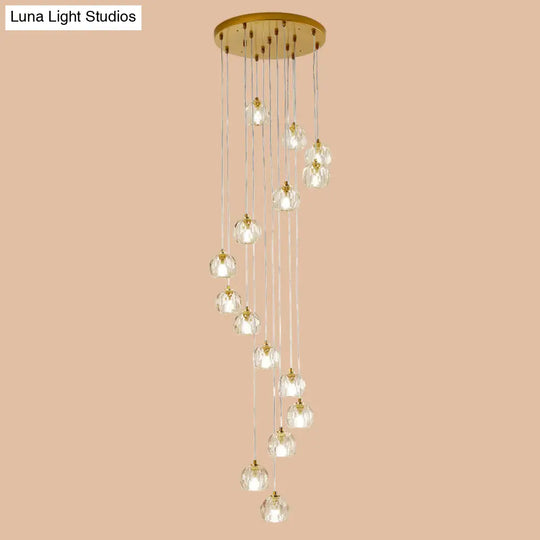 Modern Gold Spiral Design Glass Pendant Light For Stairs - Multi-Pendant Ball Clear Pendulum