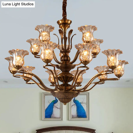 Clear Glass Pendant Chandelier With Branching Design - Rustic Living Room Ceiling Light In Brass
