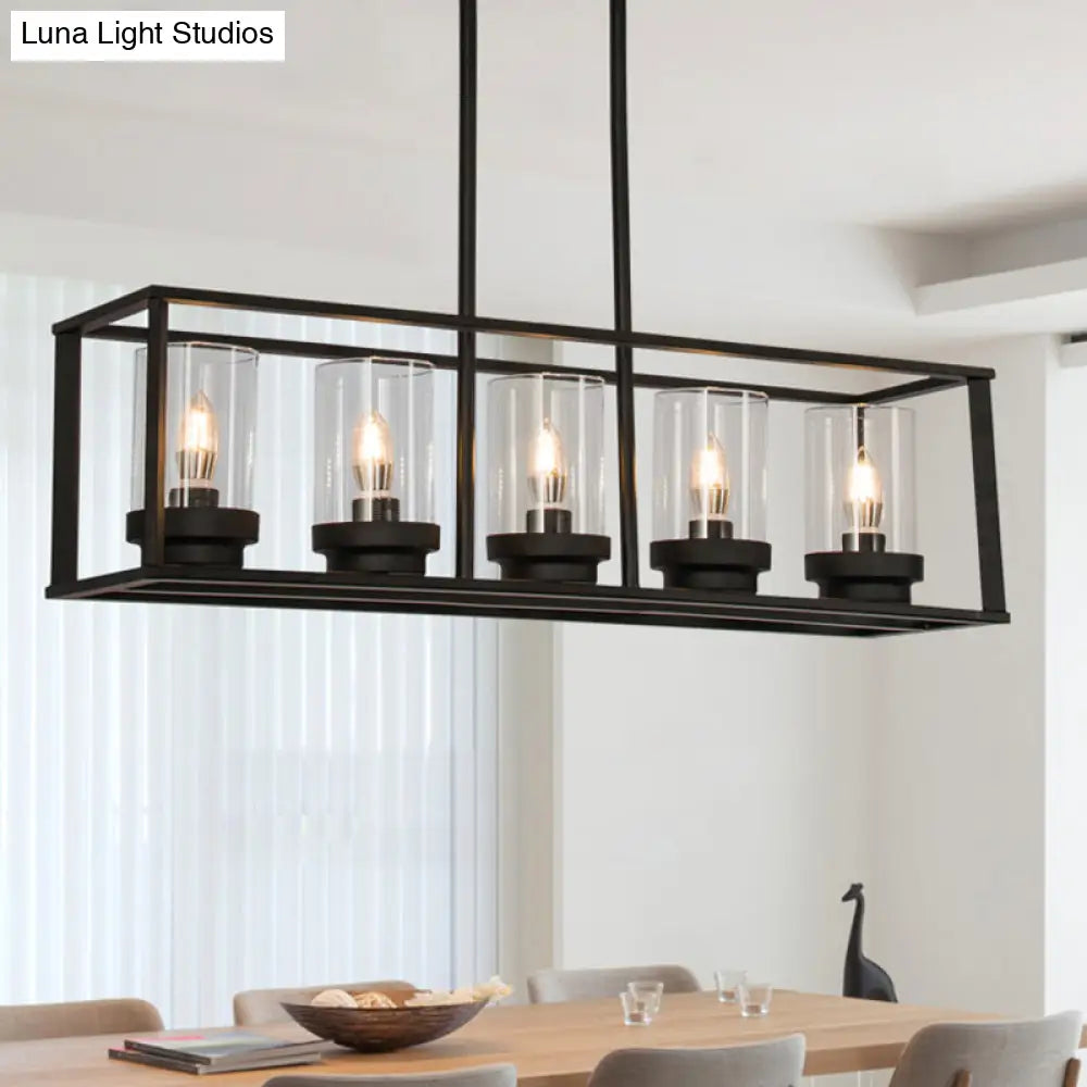 Clear Glass Pendant Retro Industrial Kitchen Island Light Fixture - Rectangle Cage 4/5-Light Option