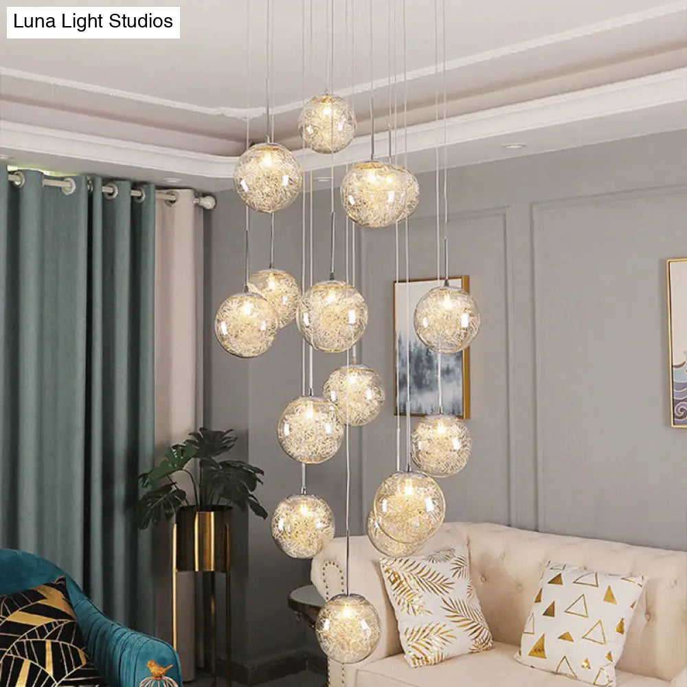 Sleek Chrome Hanging Lamp Kit - Clear Glass Spherical Multi Light Pendant For Stairs