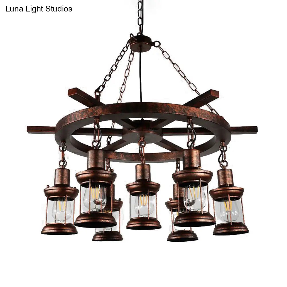 Clear Glass Vintage Style Kerosene Chandelier - 3/7-Light Bronze Pendant For Dining Room Lighting