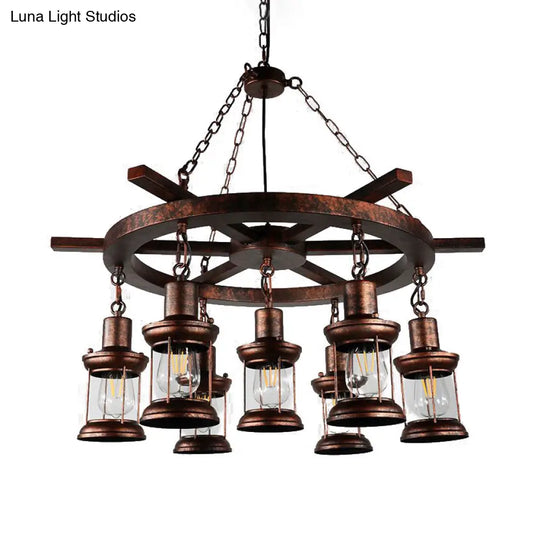 Clear Glass Vintage Style Kerosene Chandelier - 3/7-Light Bronze Pendant For Dining Room Lighting