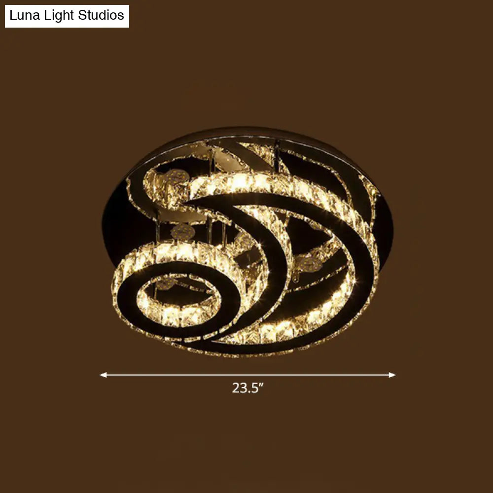 Clear K9 Crystal Moon And Sun Ceiling Lamp - Minimalist Stainless Steel Led Flush Light / 23.5’