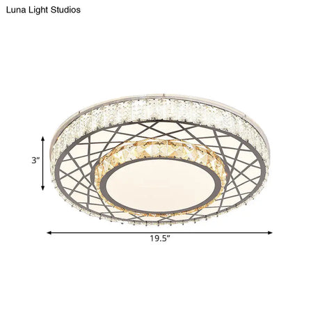 Clear Led Crystal Block Light Fixture - Modern Round Stainless-Steel Flush Mount For Great Room