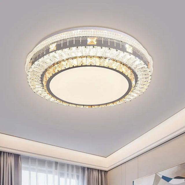 Clear Led Crystal Block Light Fixture - Modern Round Stainless-Steel Flush Mount For Great Room / B