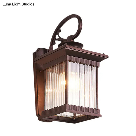 Clear Ribbed Glass Wall Light Rustic Black Finish Outdoor Cuboid Sconce Lamp