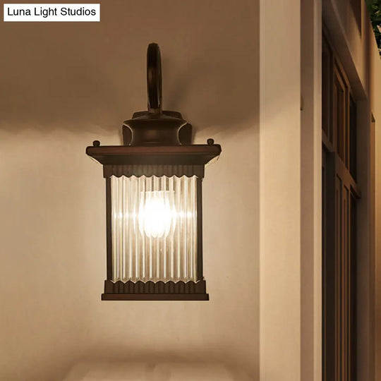 Clear Ribbed Glass Wall Light Rustic Black Finish Outdoor Cuboid Sconce Lamp