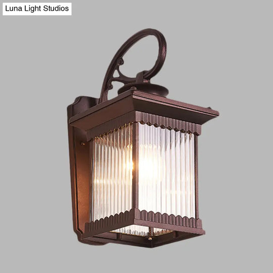 Clear Ribbed Glass Wall Light Rustic Black Finish Outdoor Cuboid Sconce Lamp