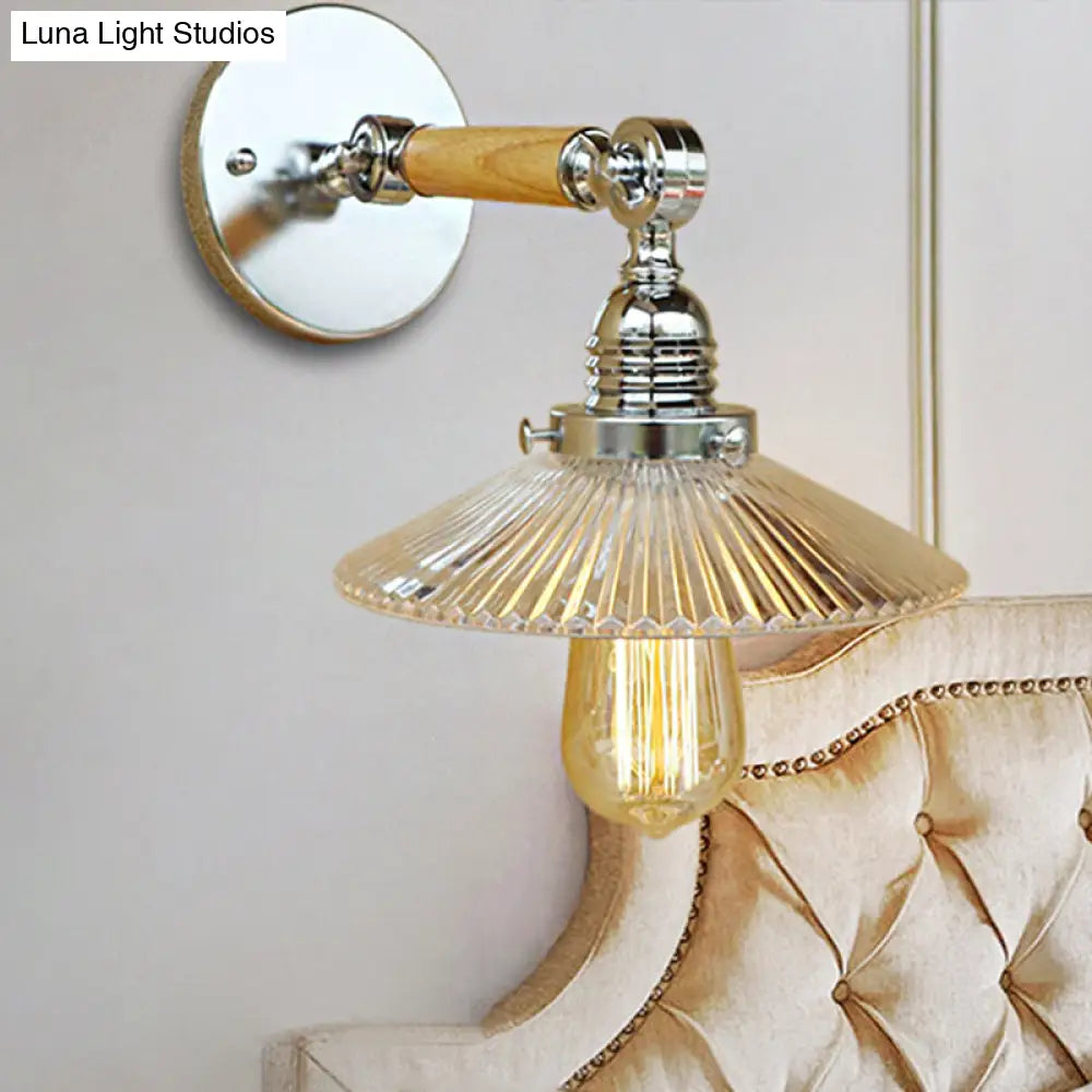 Clear Ribbed Glass Wall Sconce Light With Industrial Chrome Cone Wooden Arm - 1 8/4/6 Wide Living