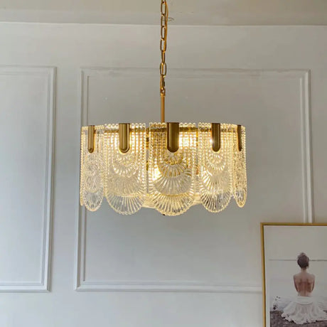 Clear Textured Glass Brass Drop Lamp - Scalloped Chandelier For Classic Dining Room / 1 Tier Small