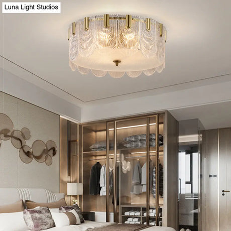 Clear Textured Glass Drum Ceiling Light With Scalloped Edge - Contemporary Flush Mount Fixture