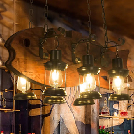 Coastal Black 6-Bulb Lantern Ceiling Lamp For Living Room With Rectangle/Fish Design / Fish