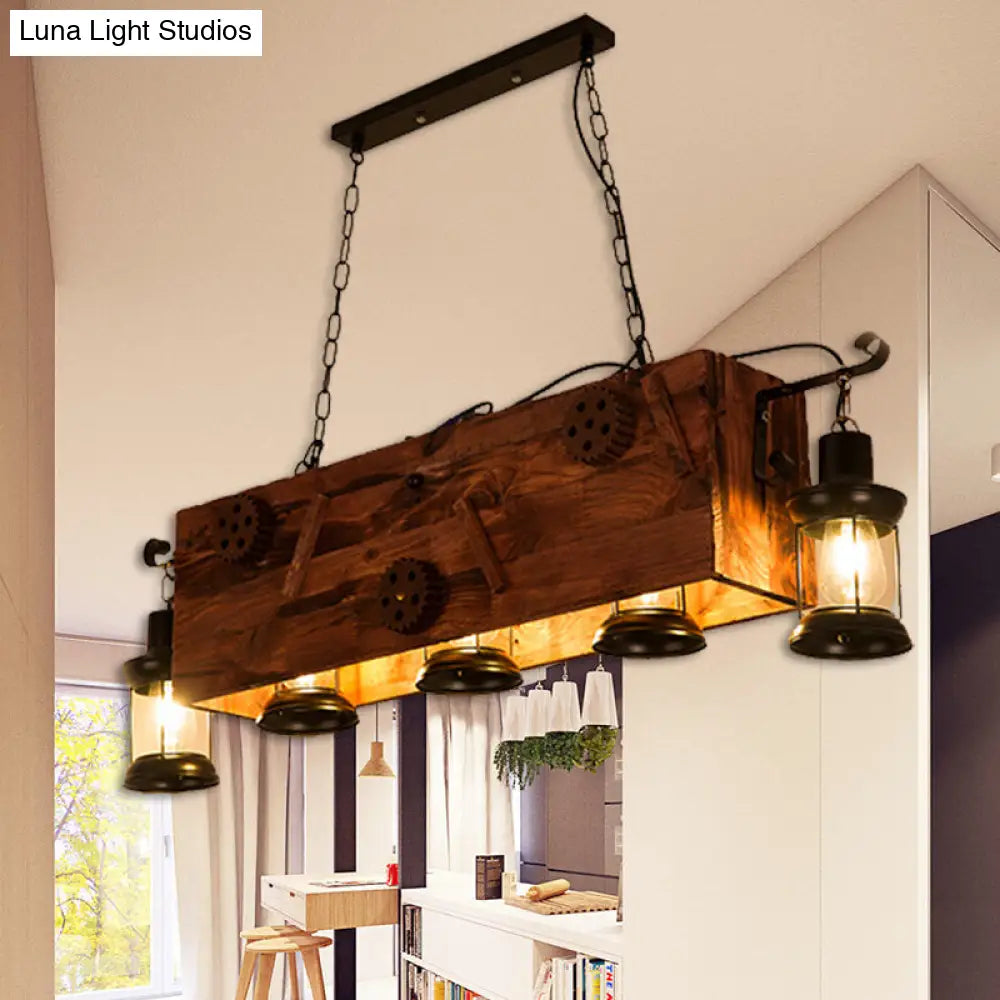 Coastal Black Metal Ceiling Chandelier With Lantern Shades And Fish Print - 6 Bulb For Living Room /