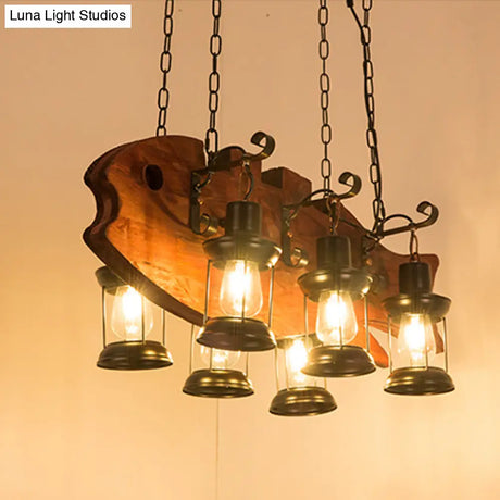 Coastal Black 6-Bulb Lantern Ceiling Lamp For Living Room With Rectangle/Fish Design