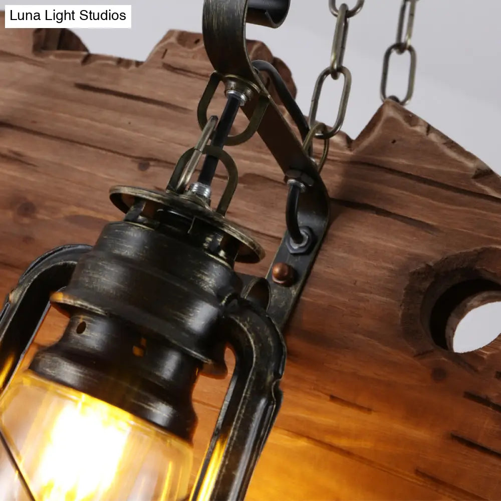 Coastal Black Kerosene Chandelier With Clear Glass And Wood Fish - 6 Heads For Restaurant Pendant