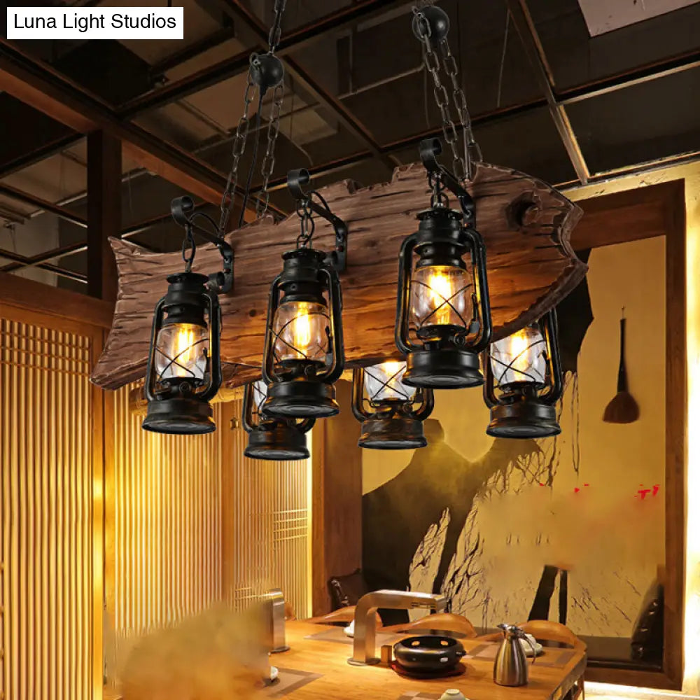 Coastal Clear Glass Chandelier Pendant Light With Wood Fish - Black Kerosene 6 Head Restaurant
