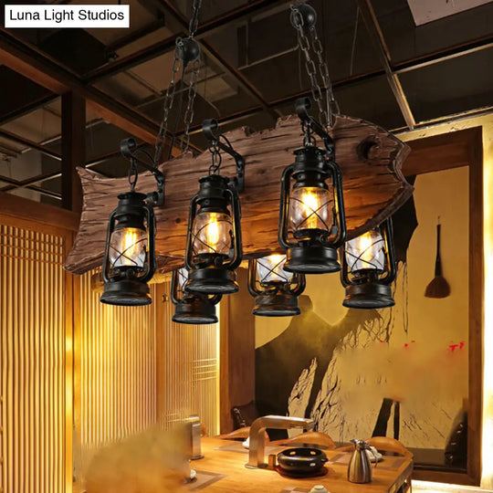Coastal Clear Glass Chandelier Pendant Light With Wood Fish - Black Kerosene 6 Head Restaurant