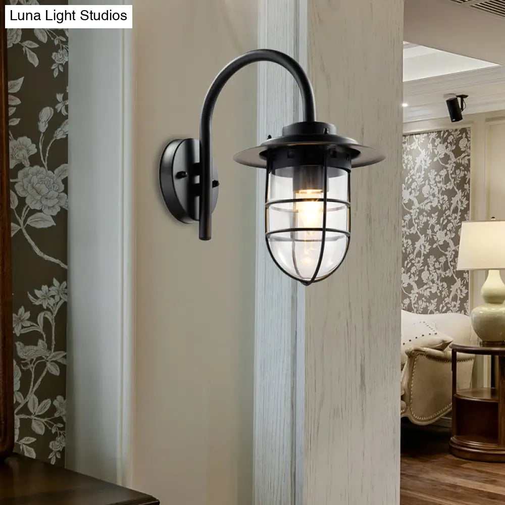 Coastal Black/Nickel Wall-Mounted Caged Light Fixture With Clear Glass Bulb For Living Room
