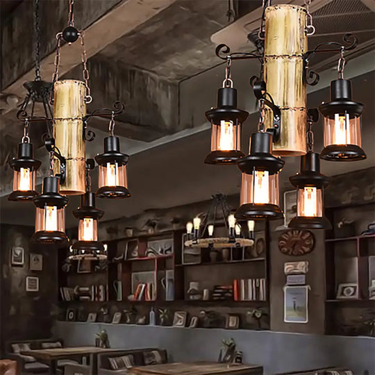 Coastal Black Pendant Chandelier With Clear Glass/Marble And Bamboo Shelf / A
