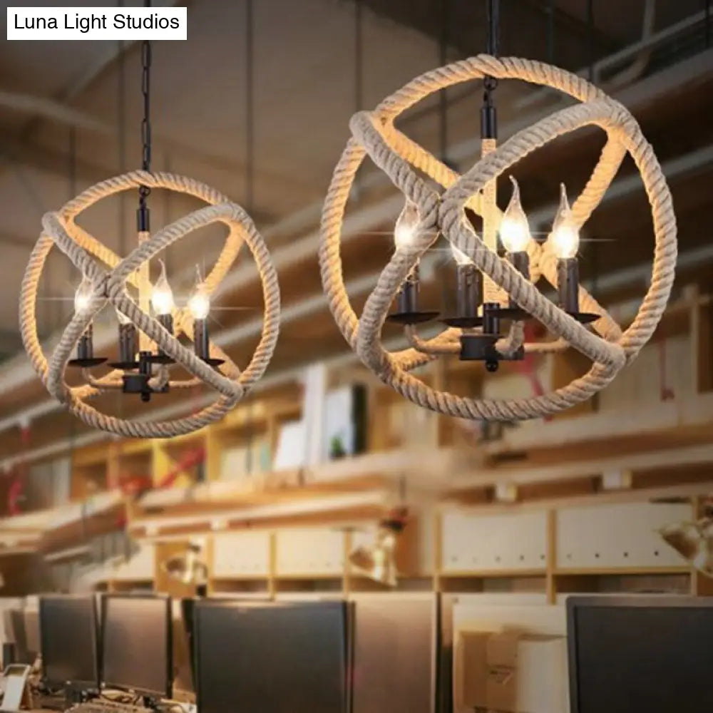 Coastal Black Pendant Lights With Rope-Wrapped Hoops: Candle Chandelier 4 /