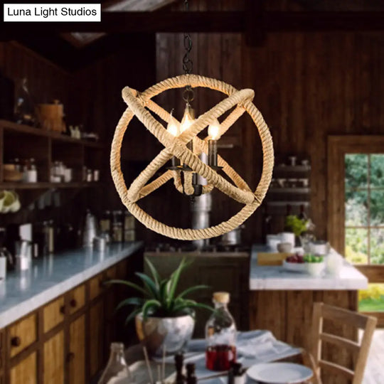 Coastal Black Pendant Lights With Rope-Wrapped Hoops: Candle Chandelier