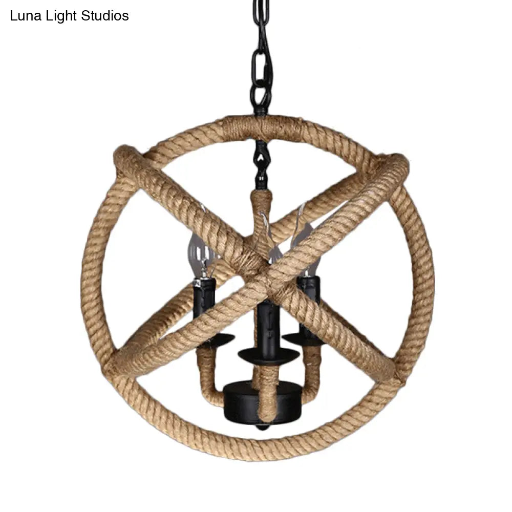 Coastal Black Pendant Lights With Rope Wrapping: Elegant Candle Chandelier Hoops